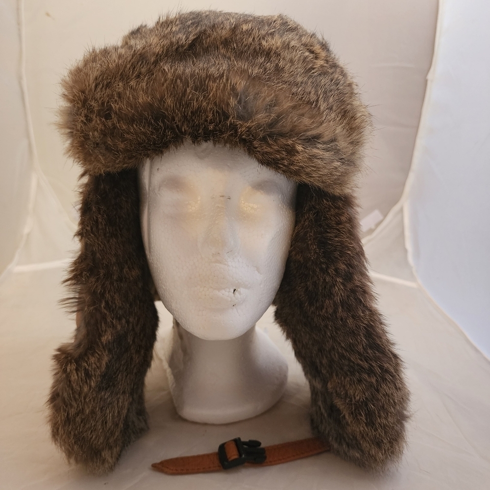 MAD BOMBER - Genuine Natural Saddle Rabbit Fur Trapper Hat Tan Size Large L EUC